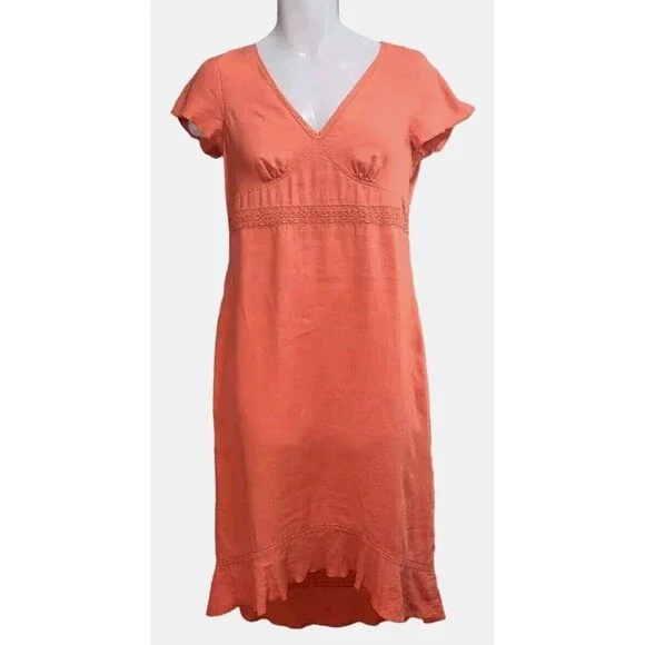 J. Jill | Dresses | J Jill Linen Dress Womens 8 Reddishorange Vneck Ruffle  Trim Midi Sheath | Poshmark